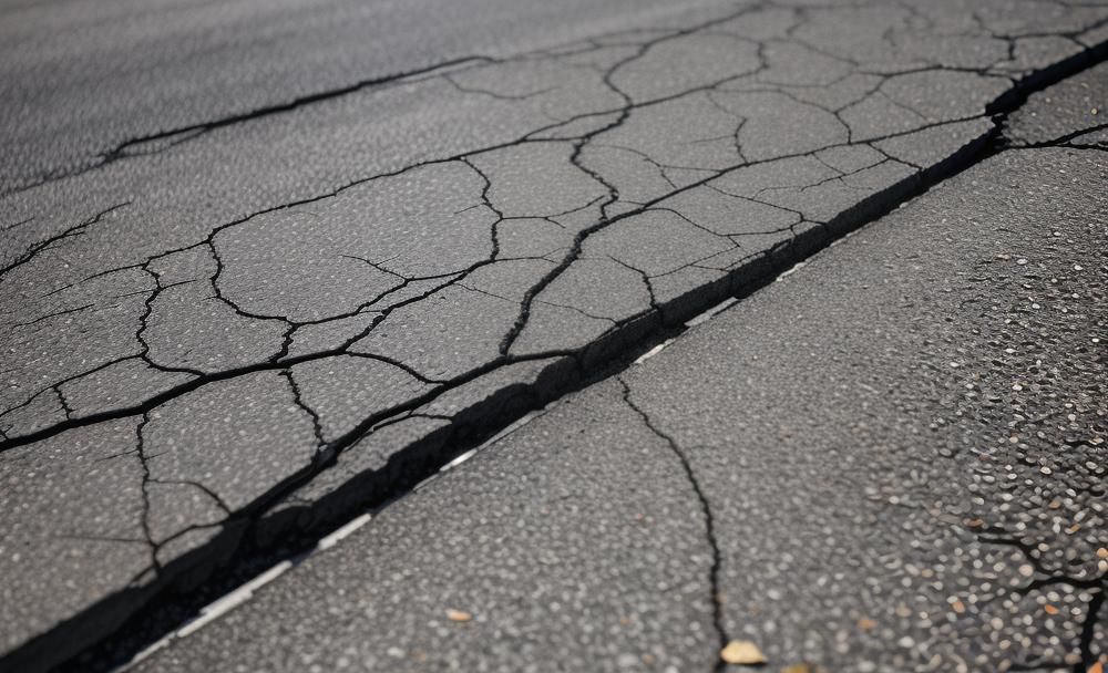 Severely cracked untreated asphalt pavement showing water damage and crumbling edges