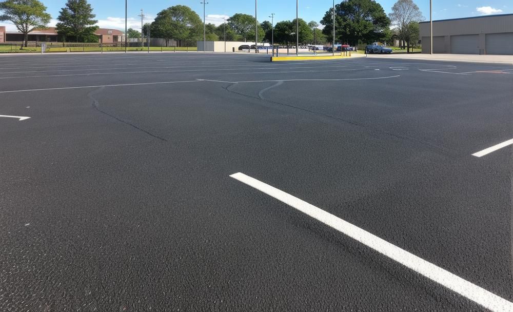 Parking lot with repaired, filled, and sealed asphalt cracks